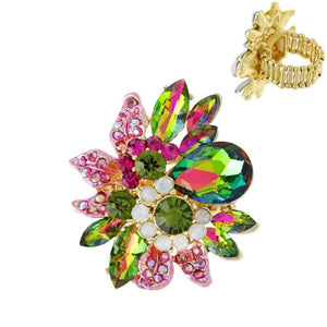 GOLD GREEN AB PINK  FLOWER STRETCH RING ( 11212 GRB ) - Ohmyjewelry.com