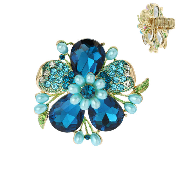 GOLD Stretch Ring BLUE Flower Stone Pearls