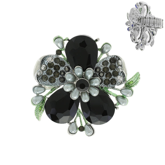 SILVER Stretch Ring BLACK HEMAITE Flower Stone Pearls