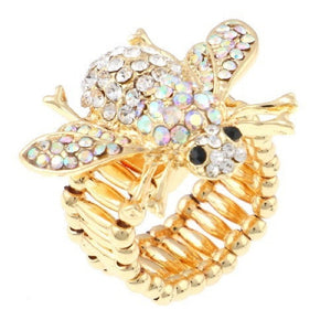 Gold with AB and Clear Rhinestone Bumble Bee Stretch Ring ( 1007 GAB )