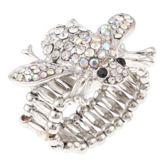 Silver with AB and Clear Rhinestone Bumble Bee Stretch Ring ( 1007 SAB )