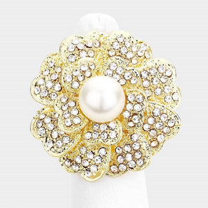 1.5" Gold with Cream Pearl and Clear Rhinestone Flower Stretch Ring ( 1247 ) - Ohmyjewelry.com