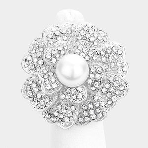 1.5" Silver with White Pearl and Clear Rhinestone Flower Stretch Ring ( 1247 ) - Ohmyjewelry.com