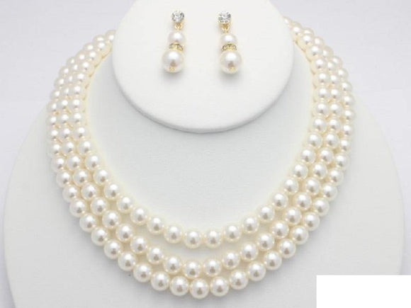 3 LAYER CREAM GOLD PEARL NECKLACE SET ( 14913 GCR ) - Ohmyjewelry.com