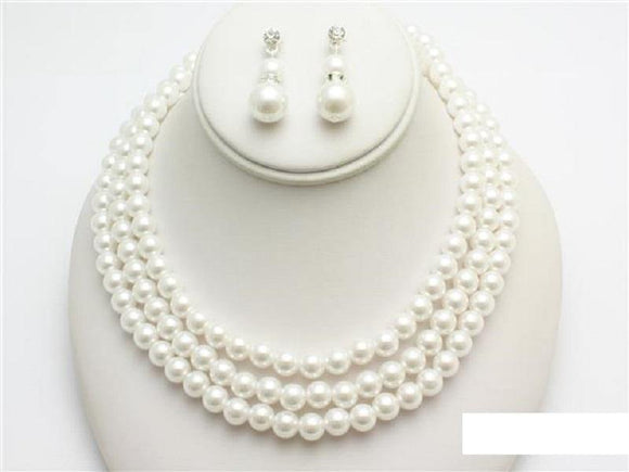 3 LAYER WHITE SILVER PEARL NECKLACE SET ( 14913 SWH ) - Ohmyjewelry.com