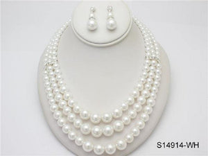 WHITE SILVER 3 LAYER PEARL NECKLACE SET CLEAR STONES ( 14914 SWH ) - Ohmyjewelry.com