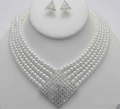 5 Line WHITE Pearl Necklace Set with Rhinestone Square Pendant ( 16291 SWH ) - Ohmyjewelry.com