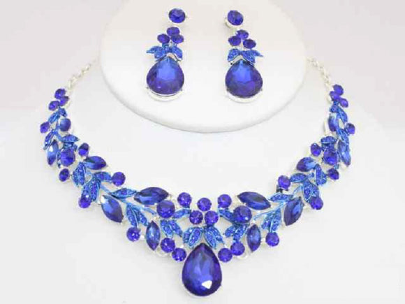SILVER ROYAL BLUE MARQUISE AND TEARDROP IVY NECKLACE SET ( 19176 SSAP )