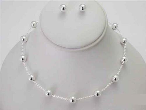 Silver Ball Necklace with Ball Stud Earrings ( 3949 S ) - Ohmyjewelry.com