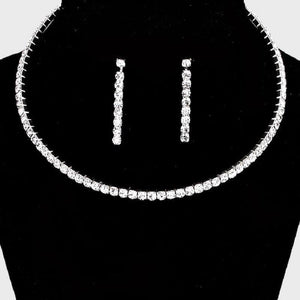 1 LINE SILVER CLEAR RHINESTONE CHOKER NECKLACE SET ( 8516 SCL ) - Ohmyjewelry.com