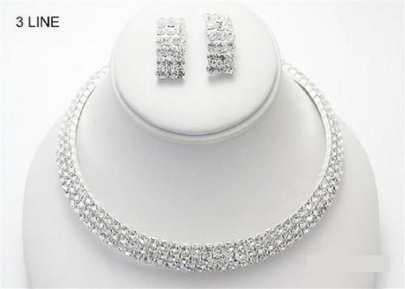 3 LINE SILVER CLEAR RHINESTONE CHOKER NECKLACE SET ( 8518 SCL )