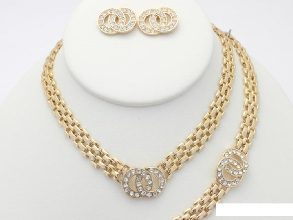 GOLD NECKLACE SET RINGS CLEAR STONES MATCHING BRACELET ( 120 GCL )