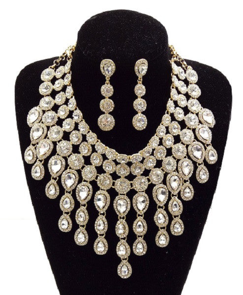 Gold Clear Multi Teardrop Rhinestone Statement Necklace with Earrings ( 0056 GCL )