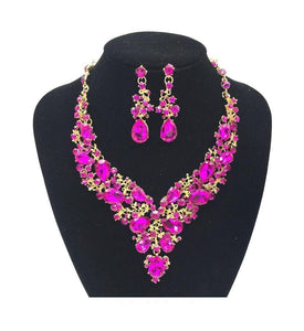 GOLD FUCHSIA Rhinestone Necklace Set ( 0041 2F ) - Ohmyjewelry.com