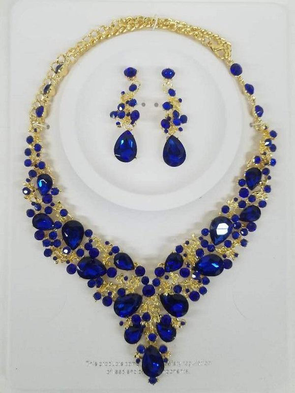 Royal Blue Rhinestone with Gold Formal Necklace Set ( 0041 2S ) - Ohmyjewelry.com