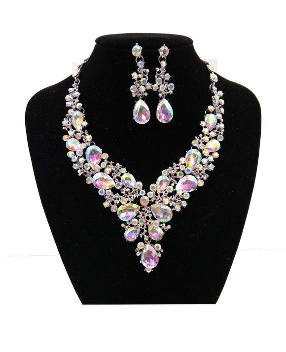 SILVER AB Rhinestone Necklace Set ( 0041 3X ) - Ohmyjewelry.com