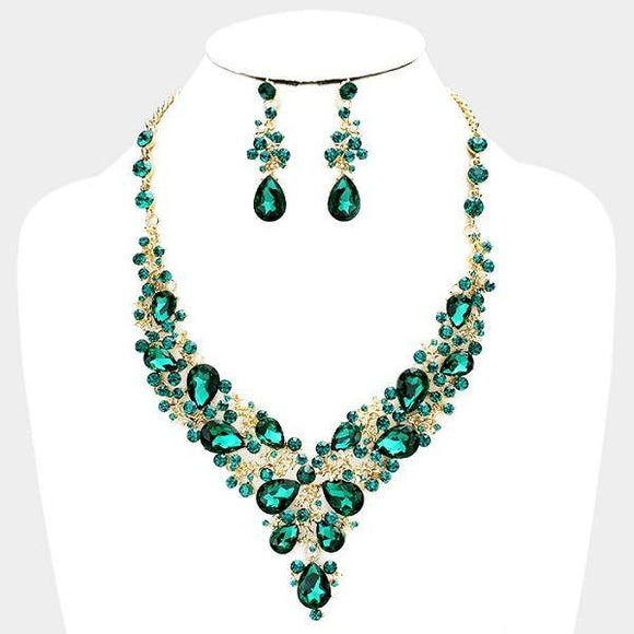 Emerald Green Rhinestone with Gold Formal Necklace Set ( 0041 2G ) - Ohmyjewelry.com