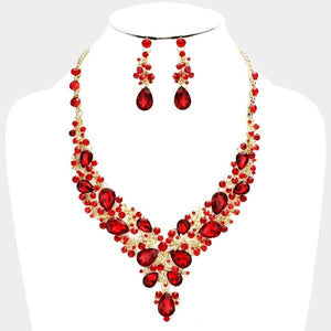 Red Rhinestone with Gold Formal Necklace Set ( 0041 2R ) - Ohmyjewelry.com