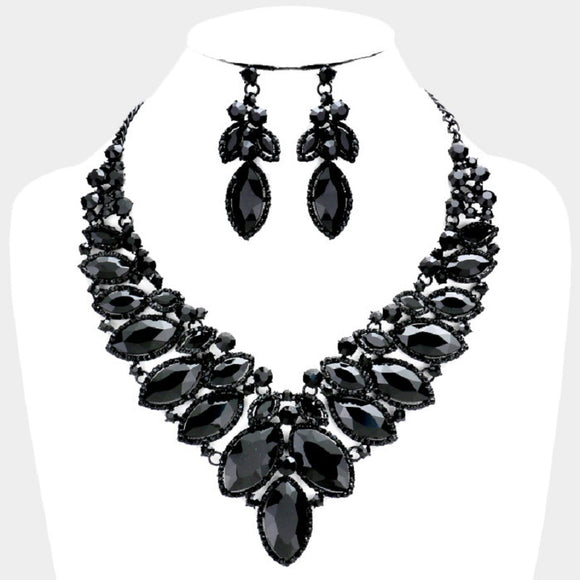 Jet Black 2 Line Marquise Rhinestone Formal Evening Necklace with Earrings ( 00594J)