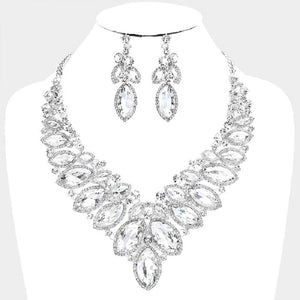 Silver Clear 2 Line Marquise Rhinestone Formal Evening Necklace with Earrings ( 0059 3C )