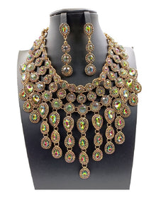 GOLD VITRAIL OIL SPILL COLOR Teardrop Rhinestone Statement Necklace SET ( 0056 2GX )