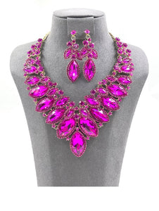 GOLD FUCHSIA 2 Line Marquise Rhinestone Formal Evening Necklace SET ( 0059 2F )