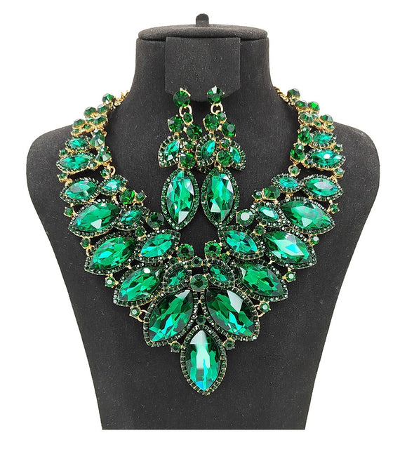 GOLD EMERALD GREEN 2 Line Marquise Rhinestone Formal Evening Necklace Earrings ( 0059 2G )