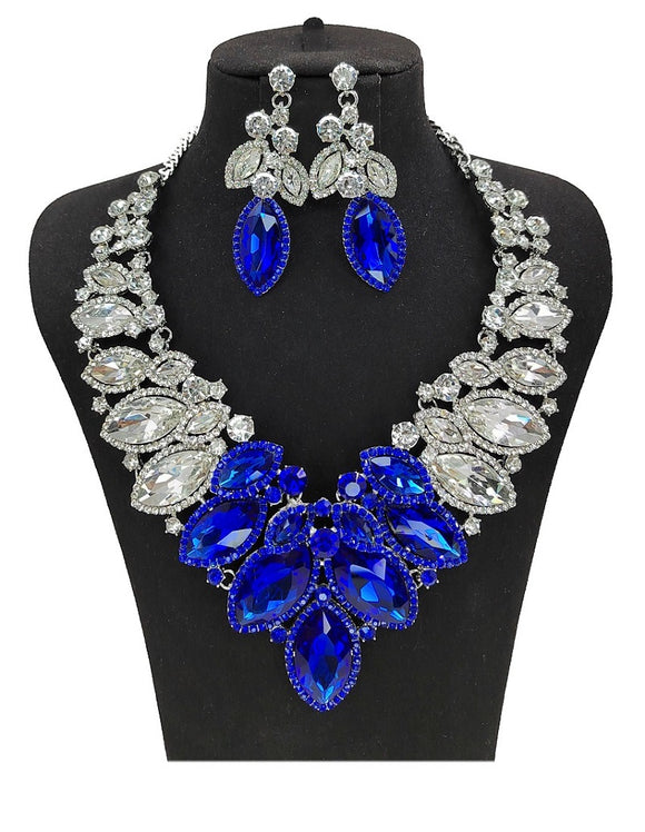 SILVER BLUE CLEAR 2 Line Marquise Rhinestone Formal Evening Necklace SET ( 0059 3RBCL )