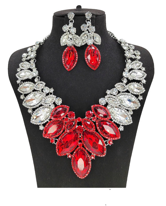 SILVER RED CLEAR 2 Line Marquise Rhinestone Formal Evening Necklace SET ( 0059 3RDCL )