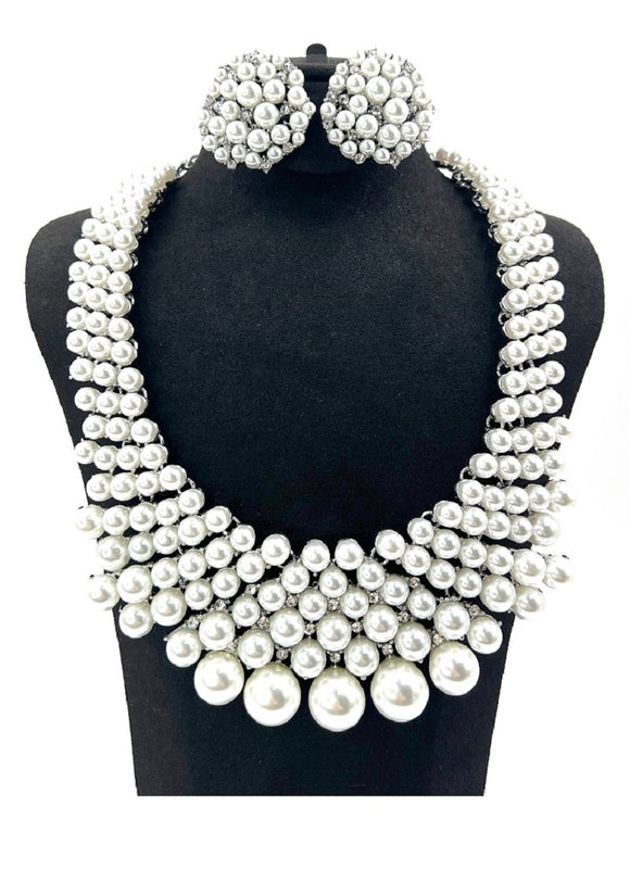 SILVER WHITE PEARL NECKLACE SET ( 0078 3WH )