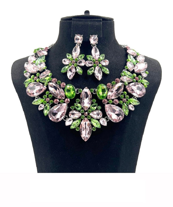 SILVER NECKLACE SET PINK GREEN STONES ( 0082 3PG )