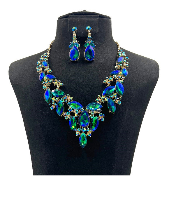 GOLD NECKLACE SET BLUE AB STONES ( 0084 2BLX )