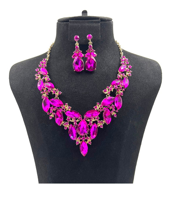 GOLD NECKLACE SET FUCHSIA STONES ( 0084 2F )