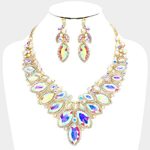 Gold AB 2 Line Marquise Rhinestone Formal Evening Necklace with Earrings ( 00592X)