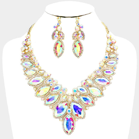 Gold AB 2 Line Marquise Rhinestone Formal Evening Necklace with Earrings ( 00592X)