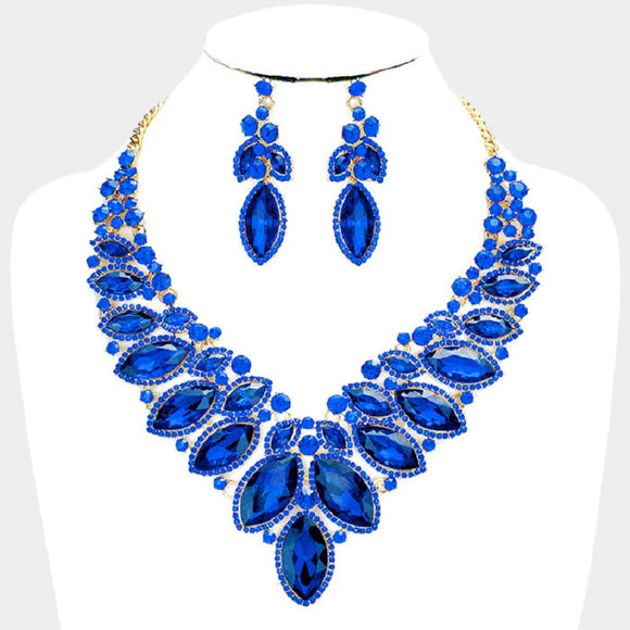 Gold Blue 2 Line Marquise Rhinestone Formal Evening Necklace with Earrings ( 00592X)