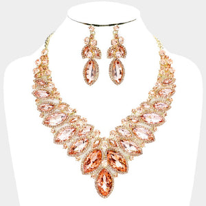 Gold Peach 2 Line Marquise Rhinestone Formal Evening Necklace with Earrings ( 005913LP)