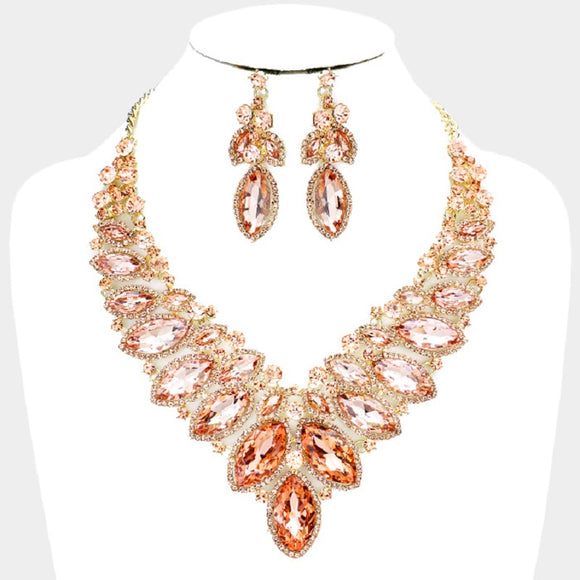 Gold Peach 2 Line Marquise Rhinestone Formal Evening Necklace with Earrings ( 005913LP)