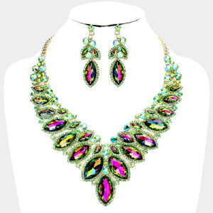 Gold Green AB 2 Line Marquise Rhinestone Formal Evening Necklace with Earrings ( 00592GX))