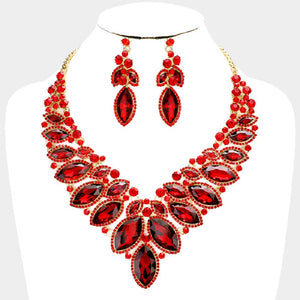 Gold Red 2 Line Marquise Rhinestone Formal Evening Necklace with Earrings ( 00592R)