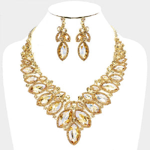 Gold Topaz 2 Line Marquise Rhinestone Formal Evening Necklace with Earrings ( 0059LT)