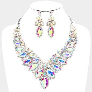 Silver AB 2 Line Marquise Rhinestone Formal Evening Necklace with Earrings ( 00593X)