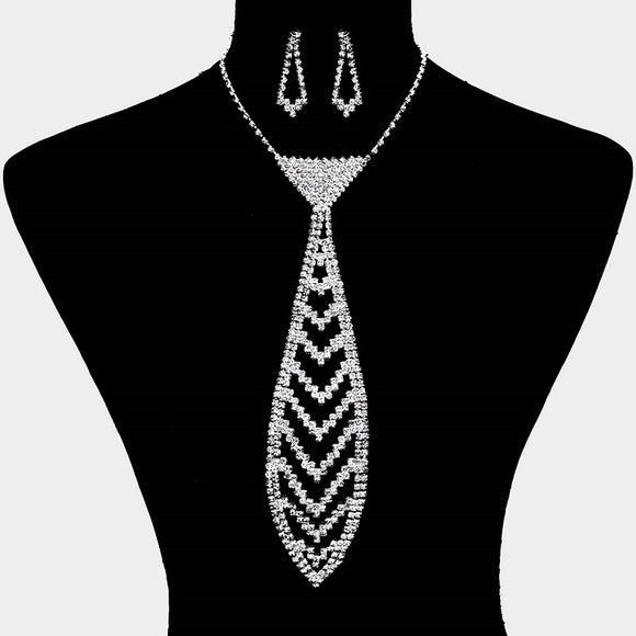 Silver Clear Rhinestone Tie Necklace ( 0132 )