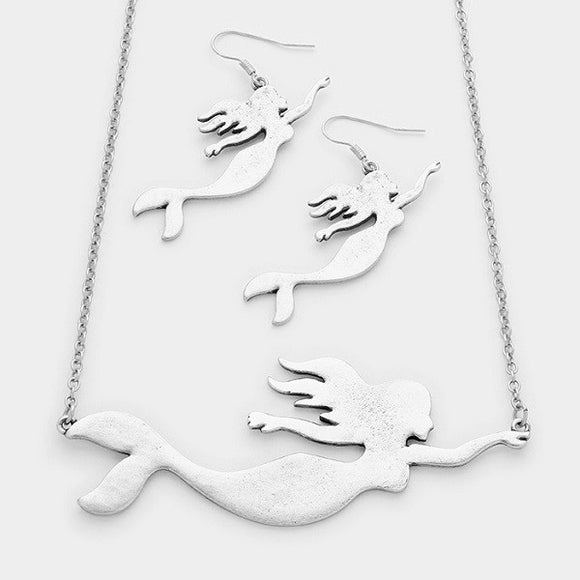 Silver Swimming Mermaid Pendant Necklace with Matching Earrings