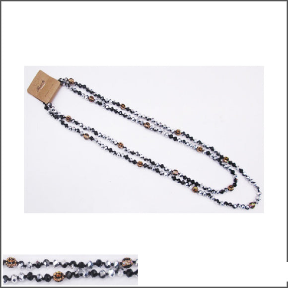 BLACK SILVER LEOPARD PATTERN SHAMBALLA BALL NECKLACE ( 102 398 )