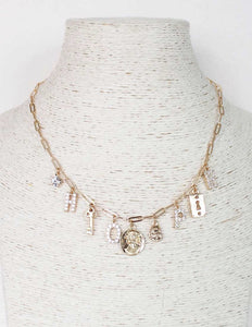 GOLD NECKLACE HOPE KEY CHARMS CLEAR STONES ( 6072 GD )