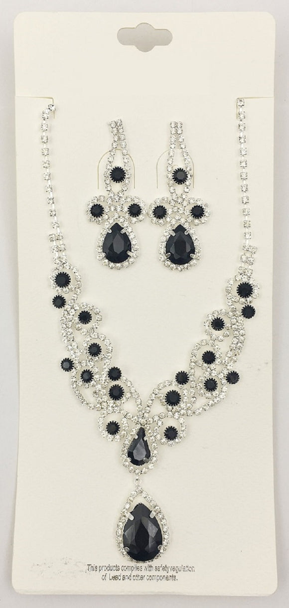 SILVER CLEAR BLACK Rhinestone Swirly Design Necklace Set ( 0119 1J )