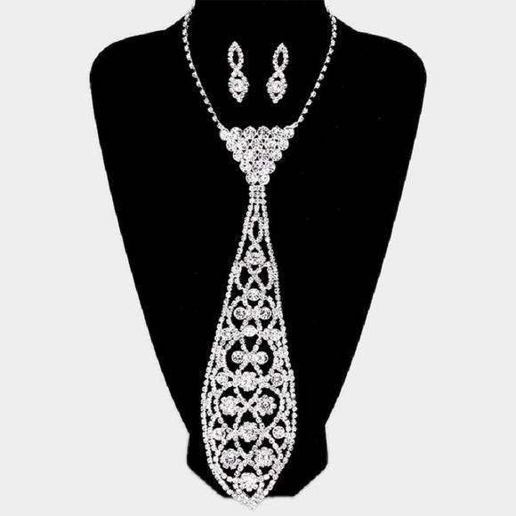 Silver Clear Rhinestone Tie Necklace ( 0131 1C)