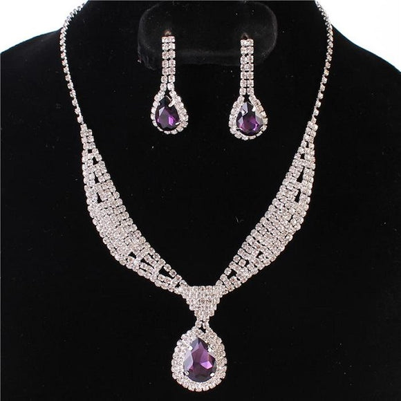 Silver Purple Pave Teardrop Rhinestone Necklace Set(0143-IU)
