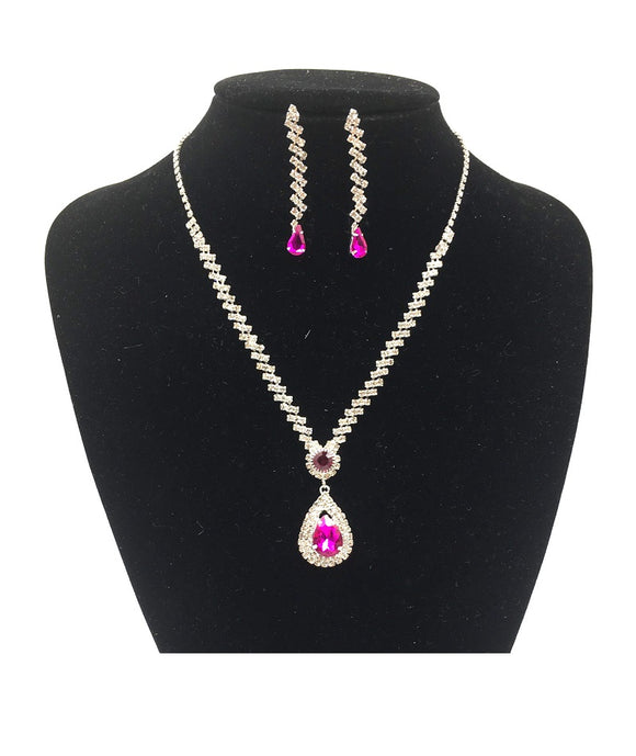 SILVER NECKLACE SET CLEAR FUCHSIA STONES ( 0183 1F )